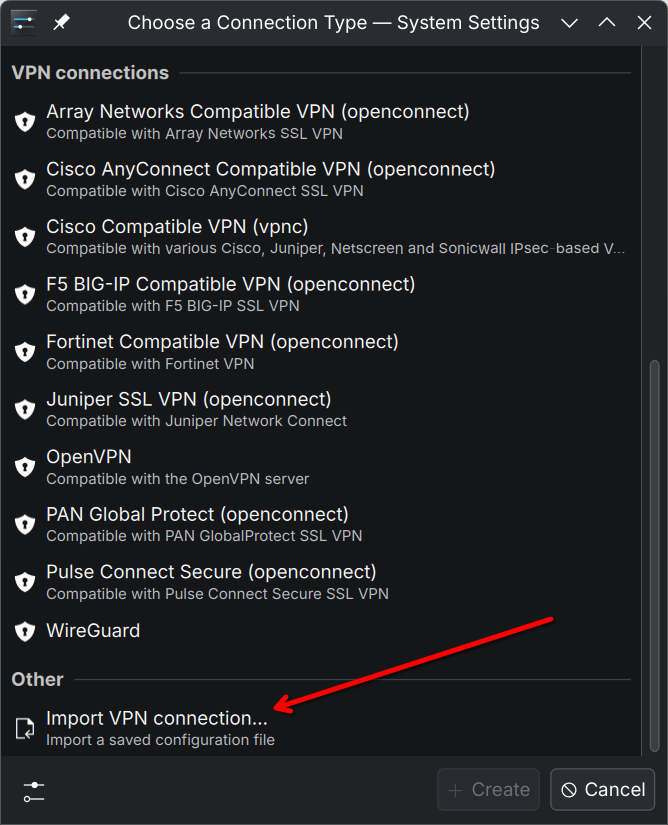 Import VPN config file dialog