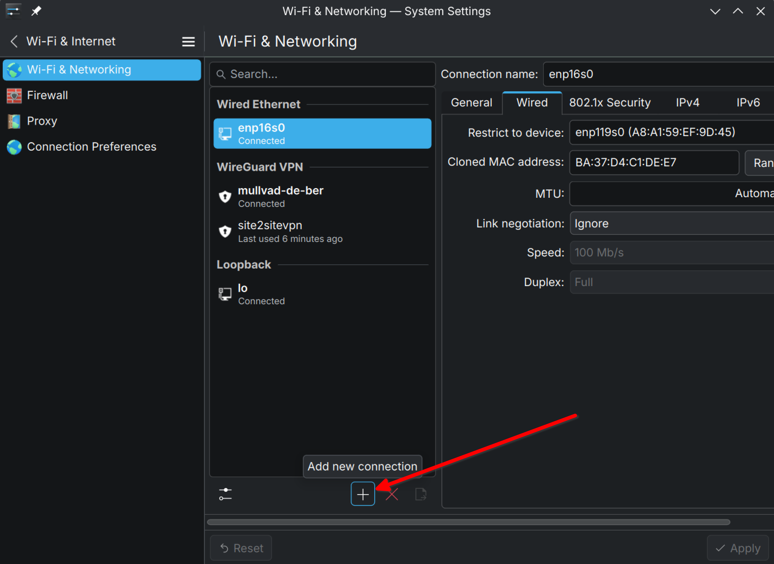 Settings page of Networking Settings